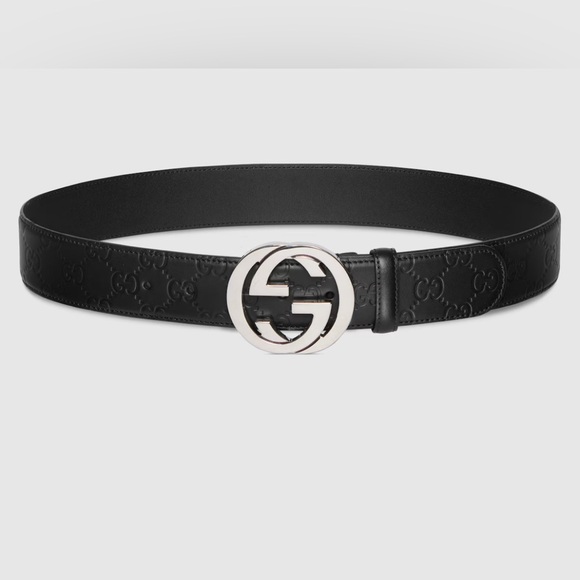 GUCCI GG Monogram Men’s Belt with Interlocking G Buckle Black Silver - Picture 1 of 8